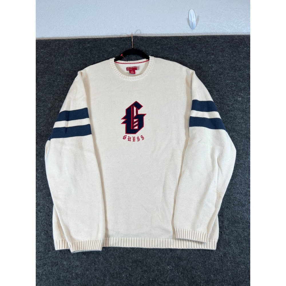 Vintage Guess Y2K Cream Cotton Knit Logo Sweater Mens Large Navy Stripe Preppy
